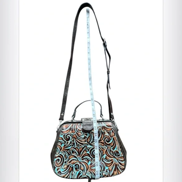 Patricia Nash Turquoise Framed Gracchi Tooled Burnt Leather Crossbody Set - Picture 7 of 16